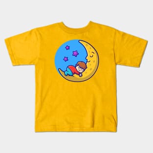 Cute Boy And Cute Moon Sleeping Cartoon Vector Icon Illustration Kids T-Shirt